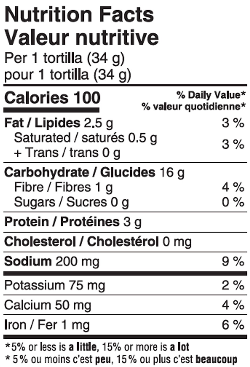 Nutrition table of Maïs-blé 50/50 6 tortillas moyennes