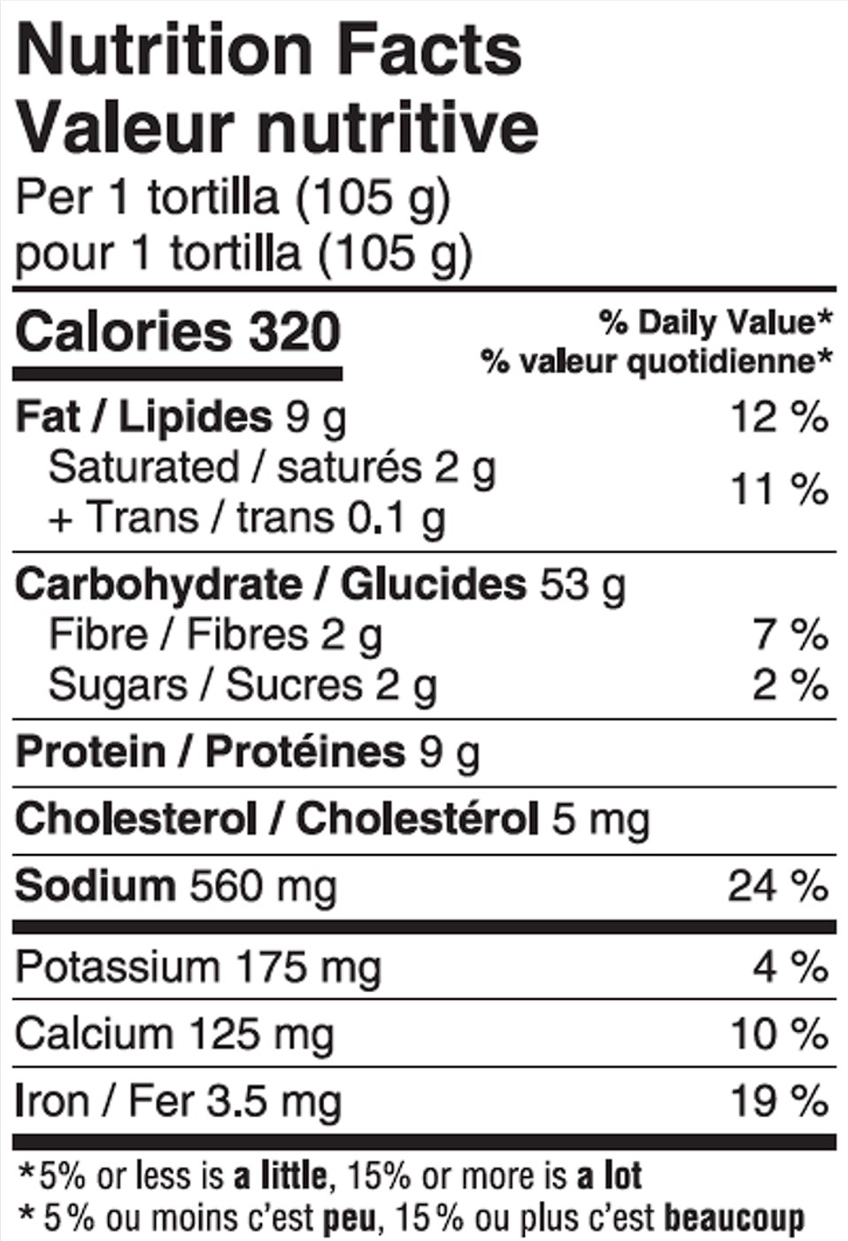Nutrition table of Burrito 6 XL Tortillas