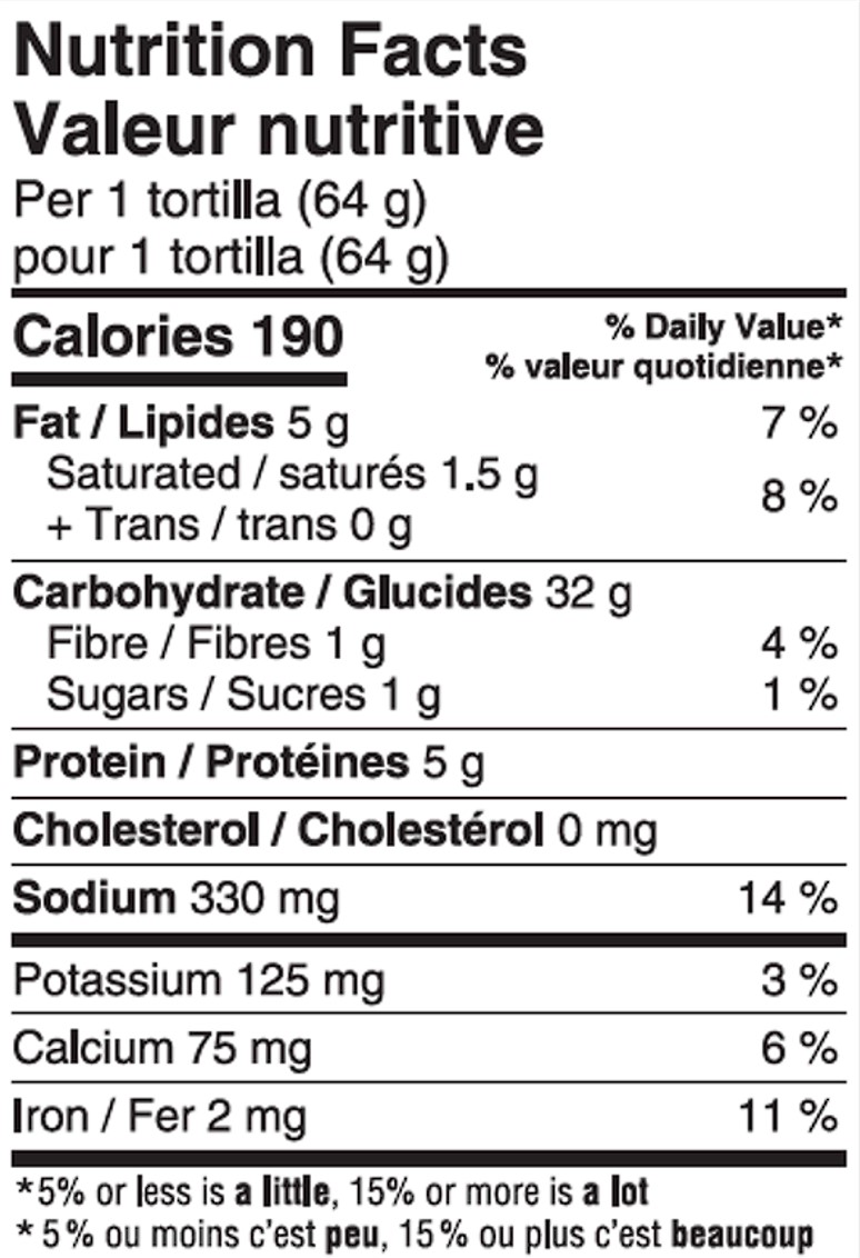 Nutrition table of Original 10 Large Tortillas