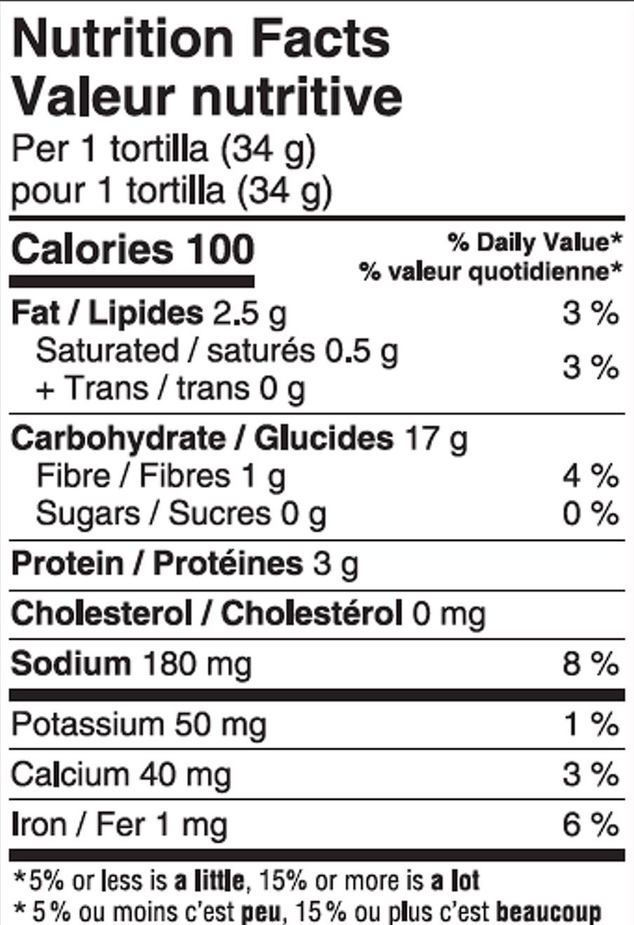 Nutrition table of Original 10 Medium Tortillas