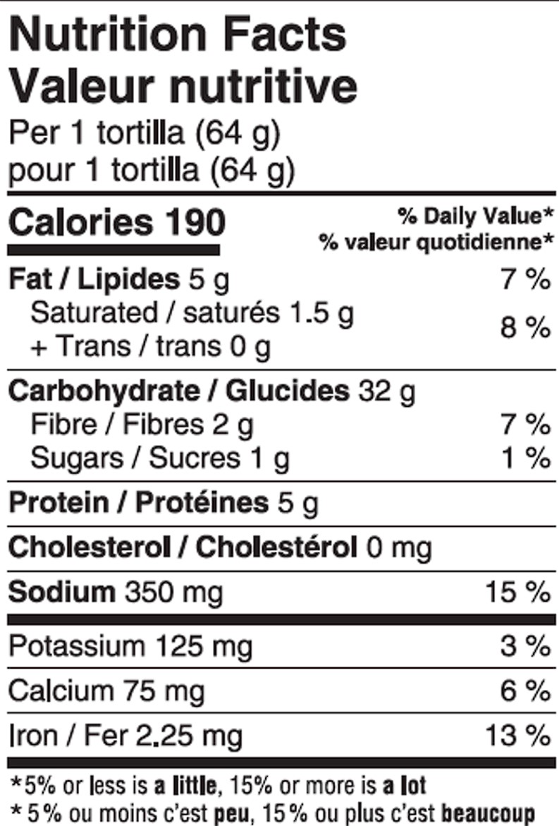 Nutrition table of Spinach 6 Large Tortillas