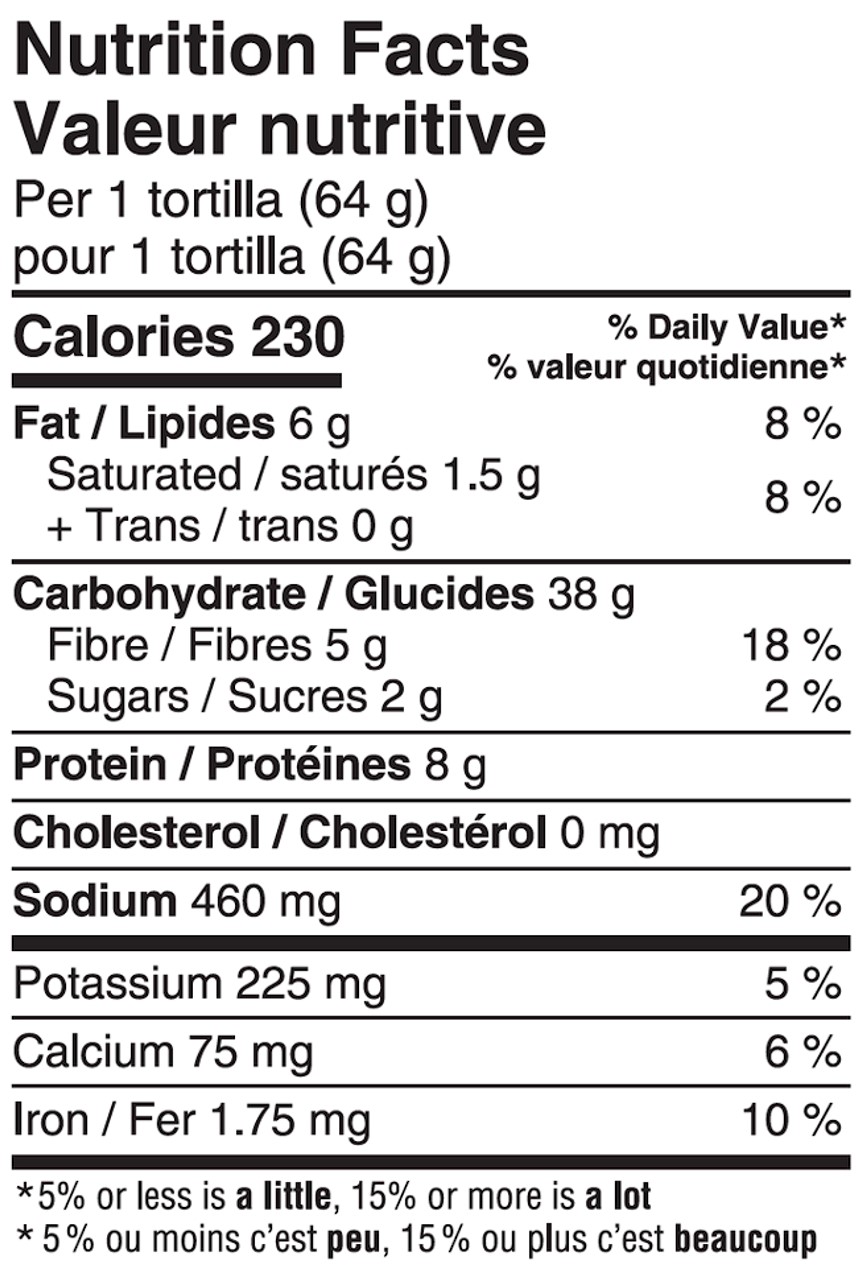 Nutrition table of Whole Wheat 10 Large Tortillas